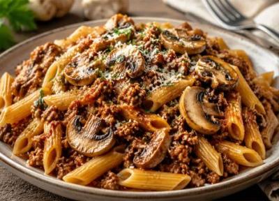طرز تهیه ماکارونی با گوشت چرخ نموده و قارچ؛ مرحله به مرحله و تصویری