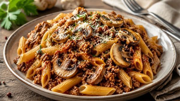 طرز تهیه ماکارونی با گوشت چرخ نموده و قارچ؛ مرحله به مرحله و تصویری